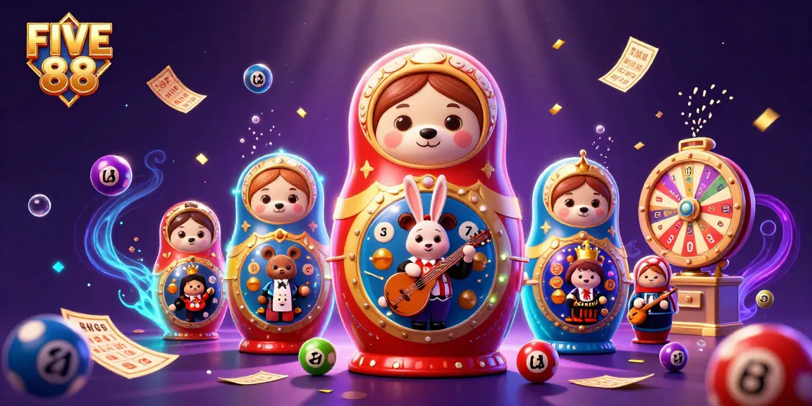 Engage with FIVE 88 through lively casino-themed characters and vibrant game elements in a dynamic 3D scene.