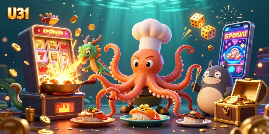 Experience U31 excitement as a sushi chef octopus prepares dishes with casino games around!