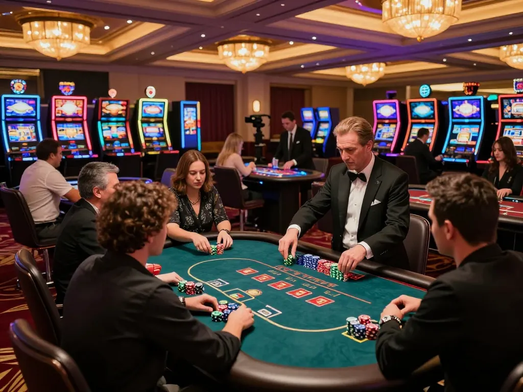 mm88 players engaged at a vibrant poker table in a luxurious casino setting