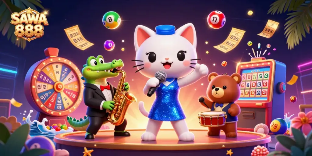 SAWA888 showcases a lively casino scene with a jazz-singer cat and colorful bingo elements.