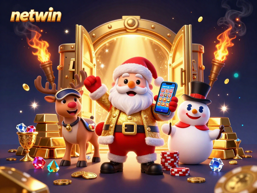 Spin slots with netwin as Santa and friends unveil golden jackpots in a vibrant casino scene.