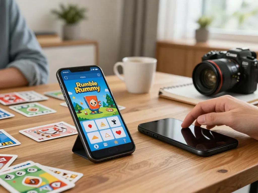Engaging Rumble Rummy gameplay displayed on a smartphone surrounded by cards and a cozy ambiance.