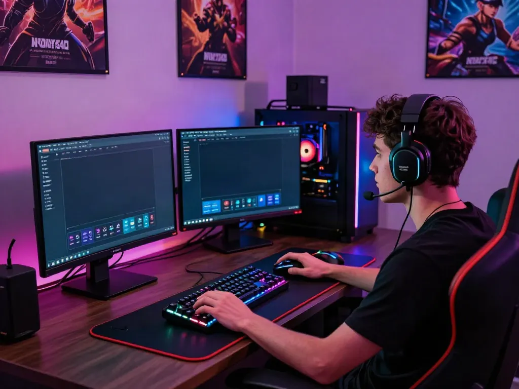 Gamer menikmati pengalaman bermain di platform nyonya4d dengan perangkat modern dan pencahayaan LED yang menarik.