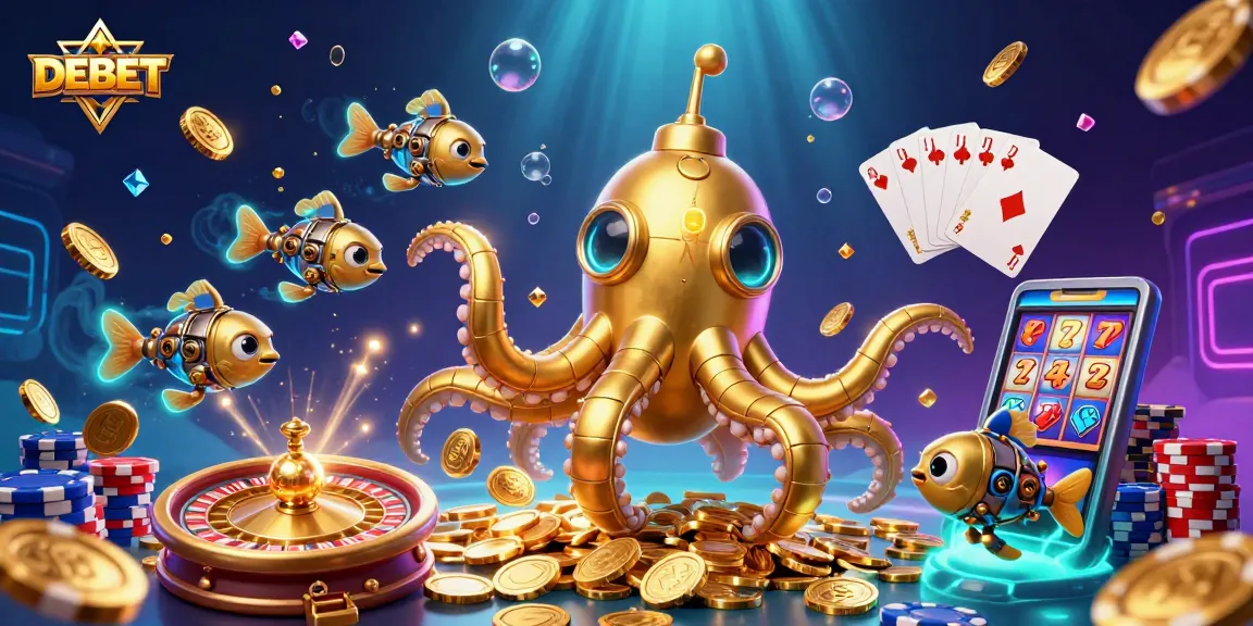 Place bets with DEBET in a vibrant underwater casino scene brimming with gold and excitement.