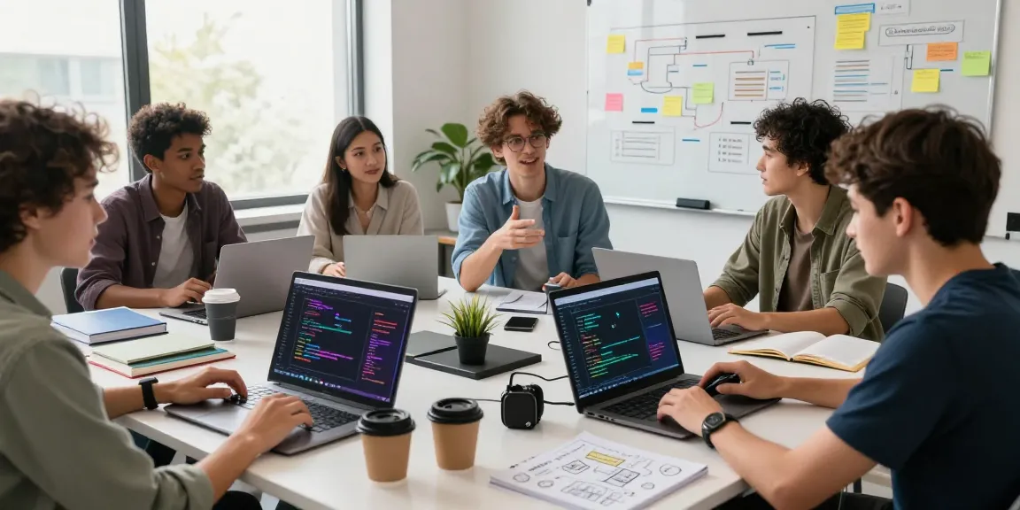 Team of developers collaborating on Kobold AI features in a bright office environment.
