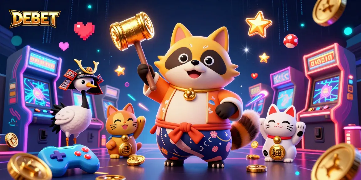 Engage with DEBET in a vibrant casino scene featuring a cheerful tanuki and lucky symbols.