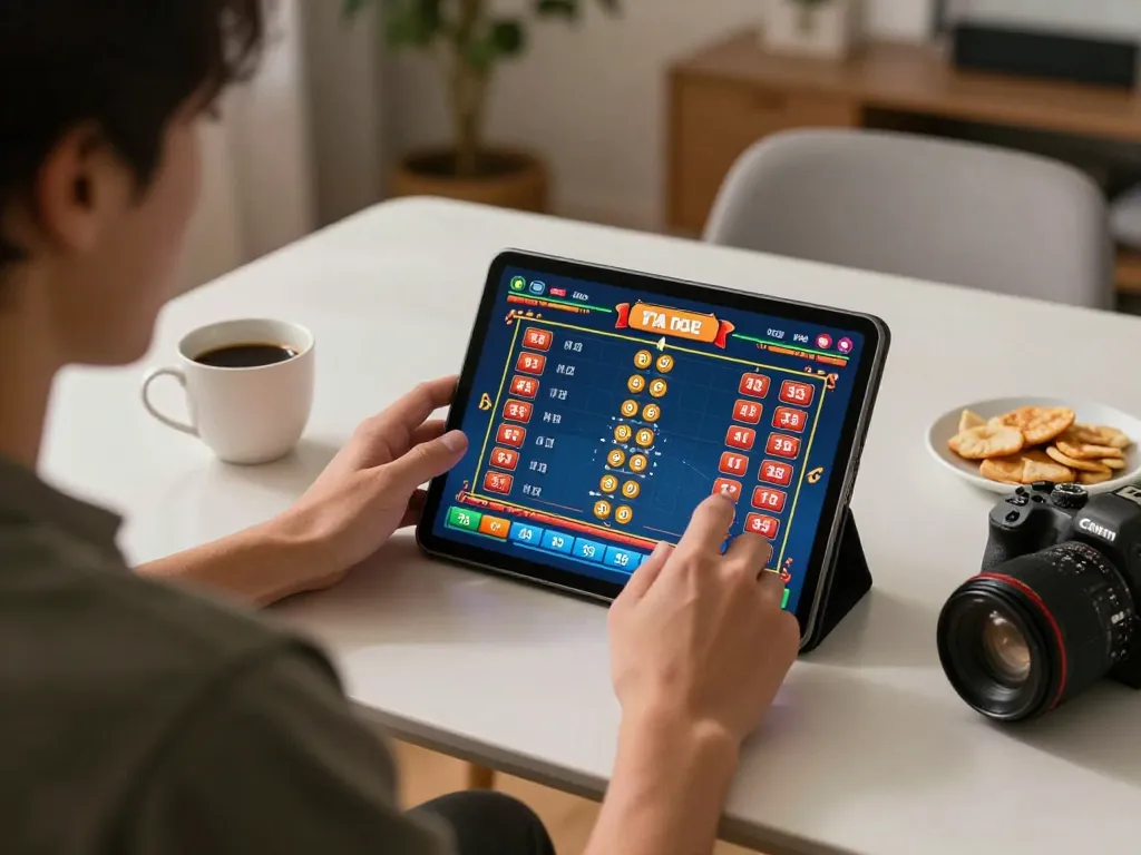 Player enjoying gta togel game on tablet, cozy home atmosphere, vibrant gameplay interface.