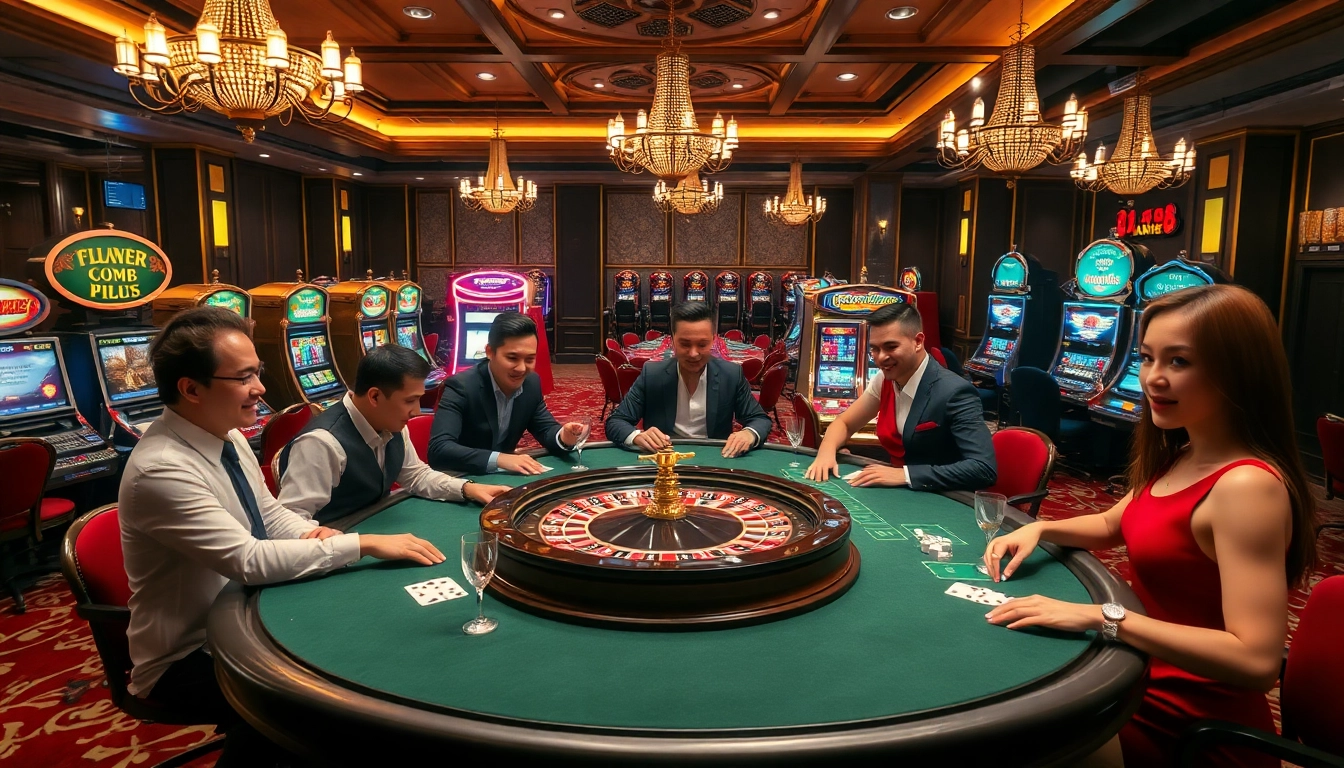 Players enjoying high-stakes poker at hay88 casino, surrounded by luxurious decor and vibrant slot machines.