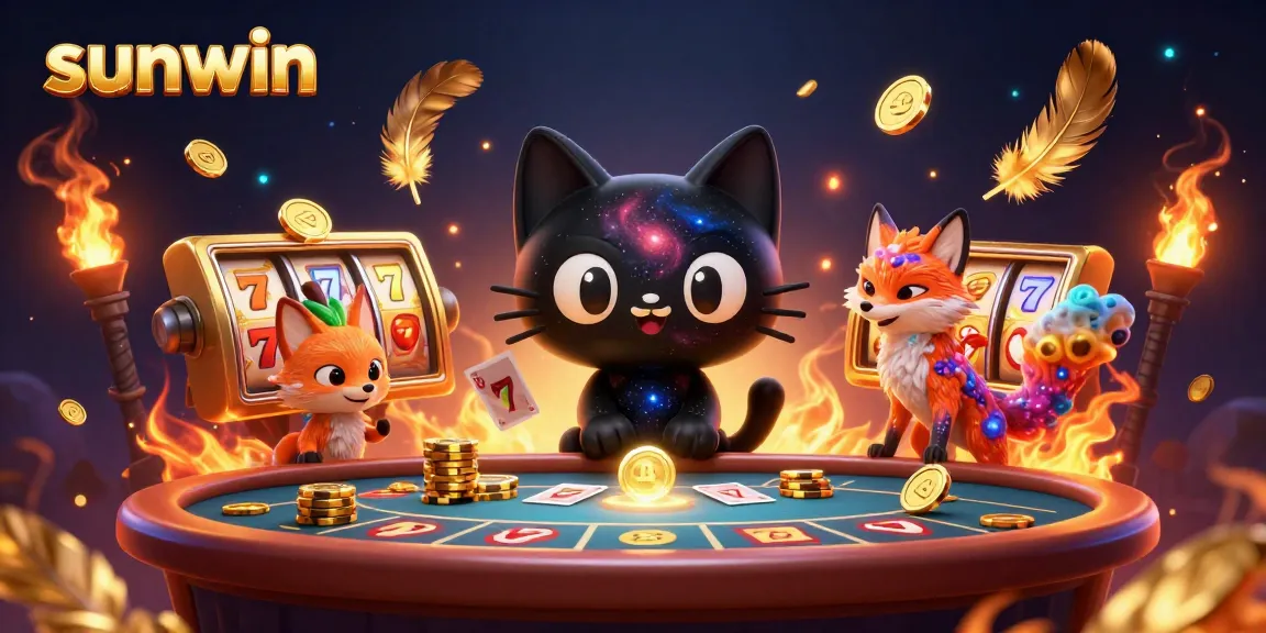 Sunwin's cosmic casino experience with a black hole cat and nebula fox, pulling chips and cards.
