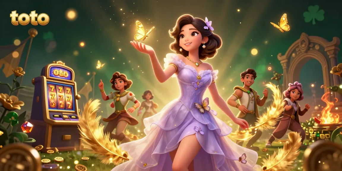 Engage with toto slots showcasing a stunning Asian woman receiving golden butterflies in a magical garden setting.