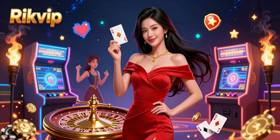 Play games at Rikvip while enjoying the scenic casino environment filled with vibrant gaming elements.