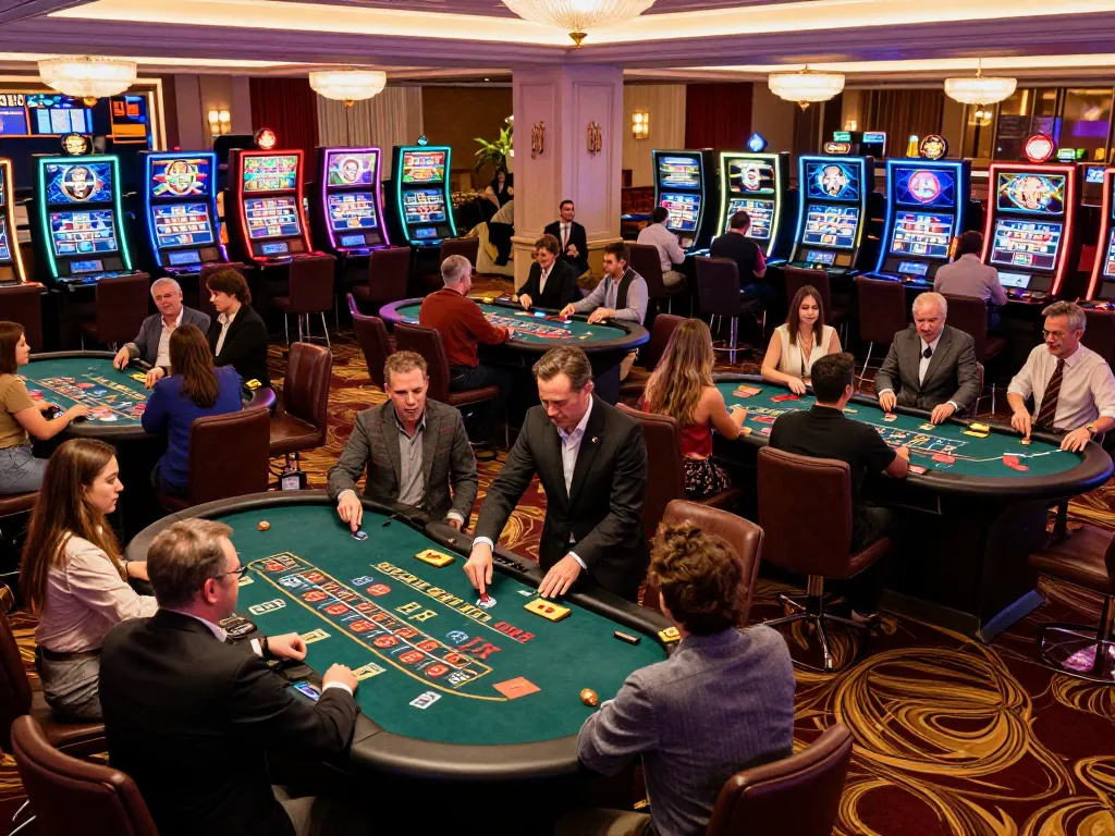 nhacaiuytin showcasing players engaging in diverse casino games in an upscale venue, vibrant atmosphere and expert gameplay.
