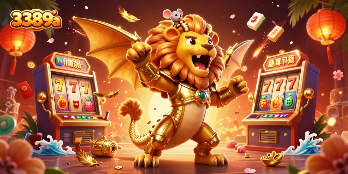 Experience thrilling gameplay at 3389a with vibrant slot reels and golden treasures surrounding a roaring chimera.