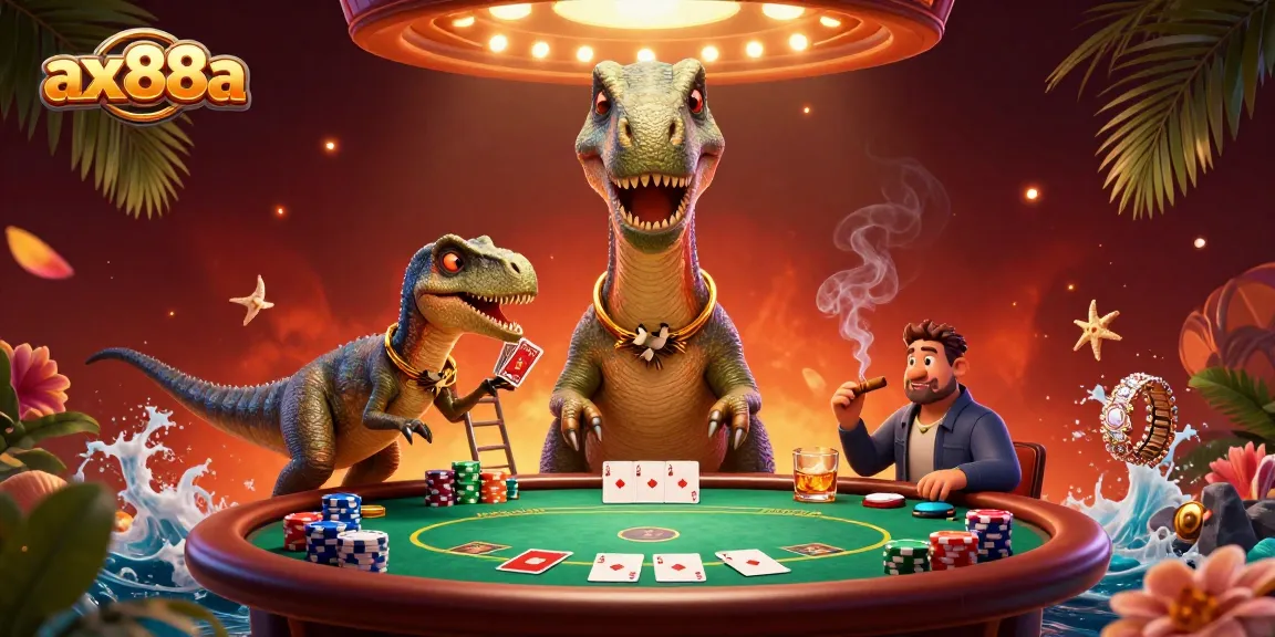 Players engage with ax88a's vibrant casino scene featuring a brontosaurus and raptor dealer for a thrilling game.