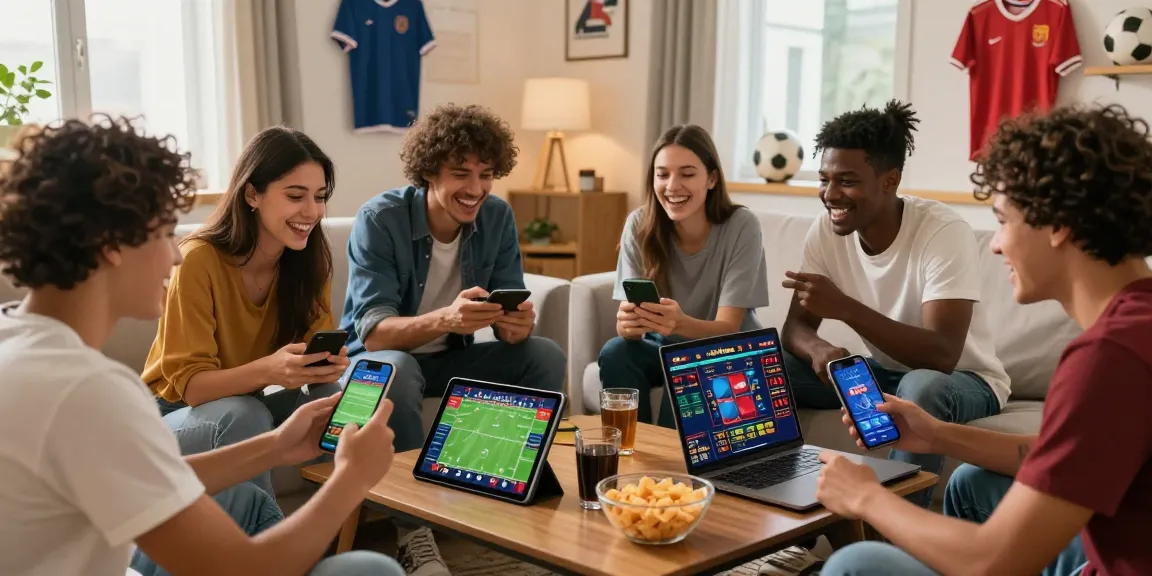 Friends enjoying live sports betting and casino games on Esportes da Sorte mobile platform in a vibrant living room.