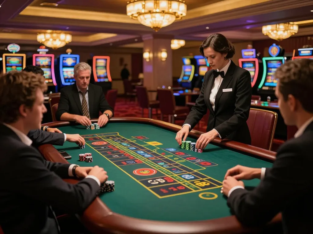 HUBET players placing bets at a lively roulette table in a luxurious casino atmosphere.