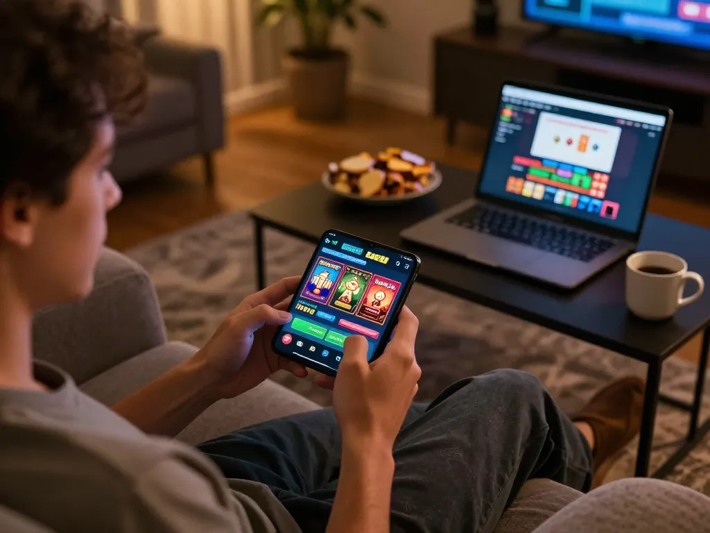 Engaging in online gaming with hm88 app on smartphone, showcasing poker and slots.