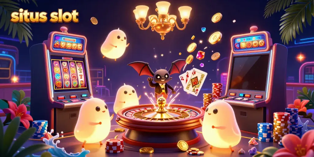 Menangkan jackpot di situs slot modern dengan ilustrasi kasino digital penuh warna dan interaktif.