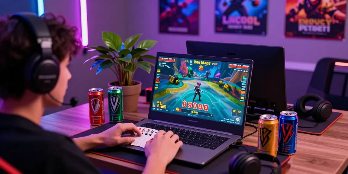 Enthusiastic player enjoying gamebaidoithuong is on a laptop with colorful gaming setup.