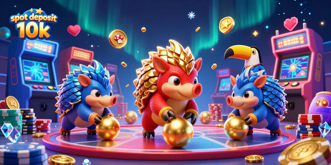 Experience the thrill of a slot deposit 10k with rival pangolins rolling and competing amidst colorful casino elements.