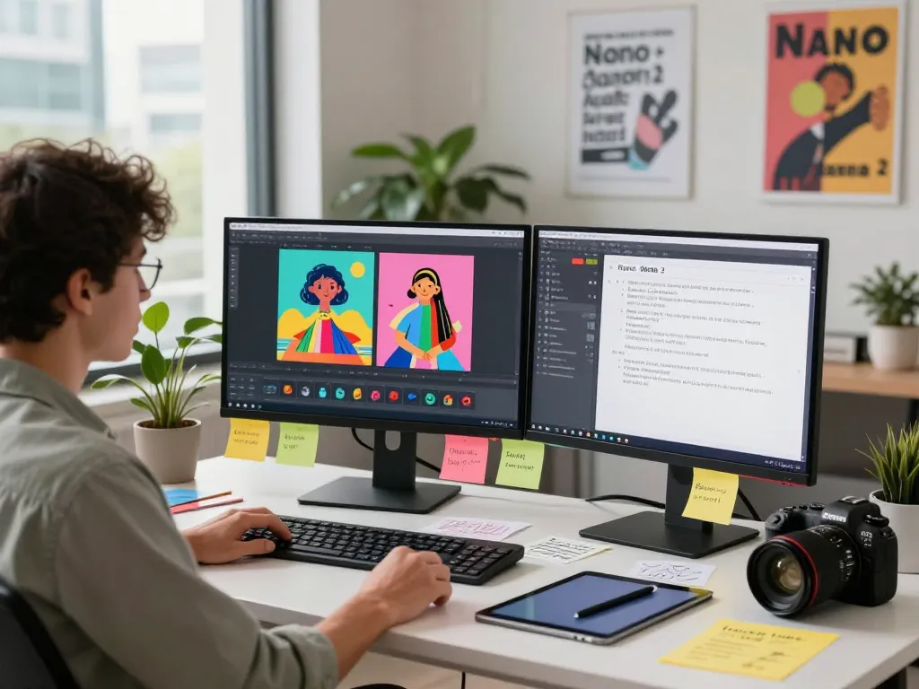 Creative professional using Nano Banana 2 for advanced AI image editing in a modern workspace