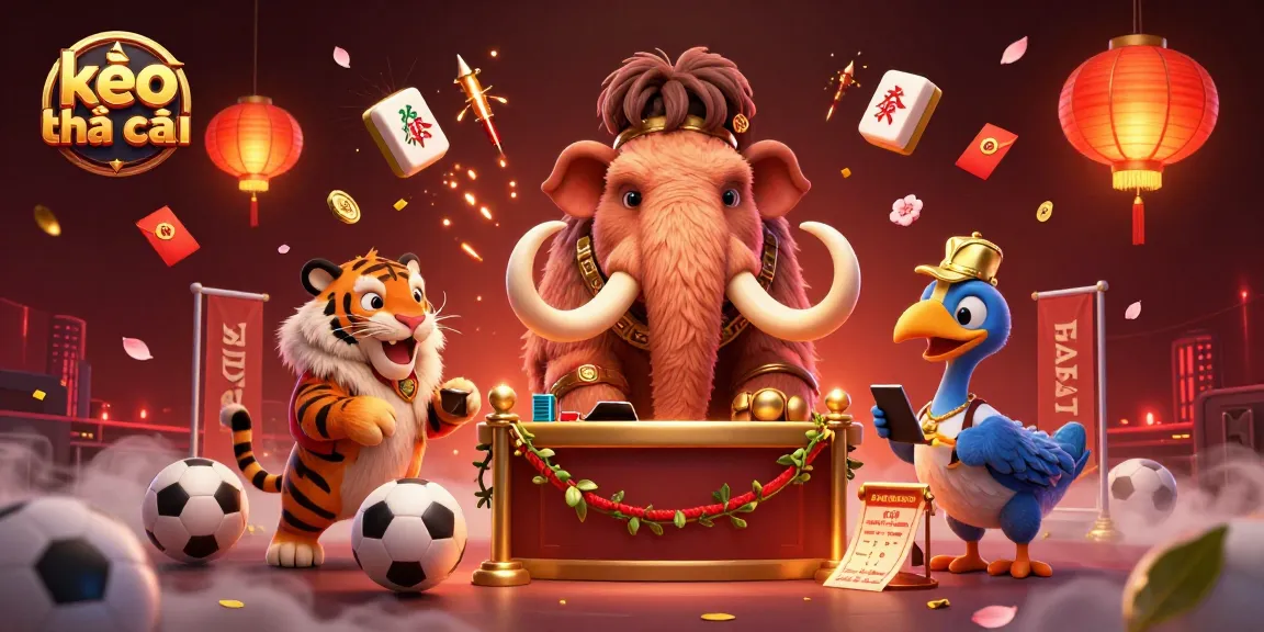 Engage with kèo nhà cái illustrated scene featuring a woolly mammoth casino bouncer, saber-tooth tiger guest, and dodo doorman.