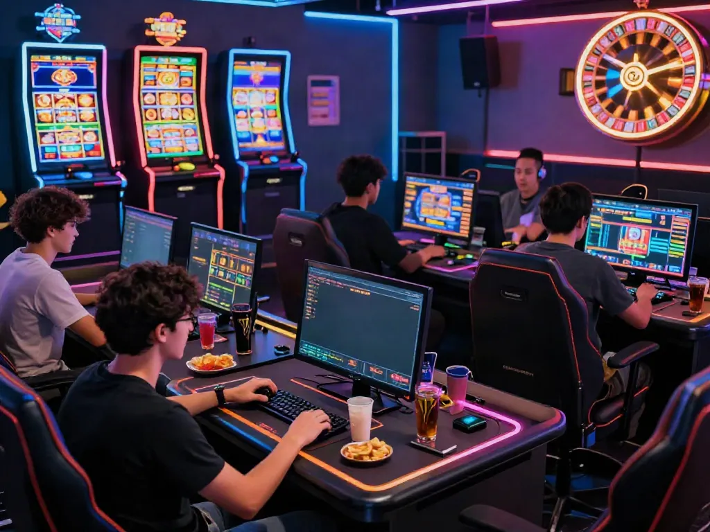 Akunjp gaming scene with players engaged in online casino games at a vibrant, modern platform.