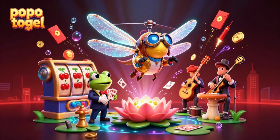Engage in thrilling popo togel gaming with vibrant slot reels and lively characters showcasing casino excitement.