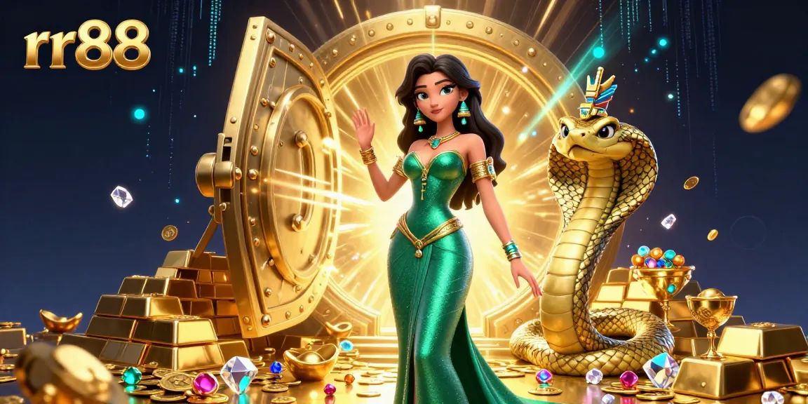 Experience thrilling gameplay with rr88, showcasing a glamorous woman and golden treasures in a vibrant casino scene.