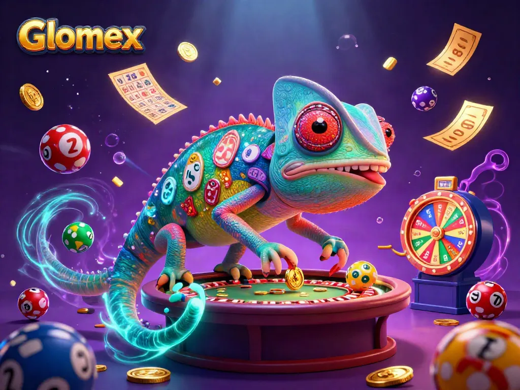 Glomex casino chameleon watches over rich gambling scene filled with dynamic lottery elements.
