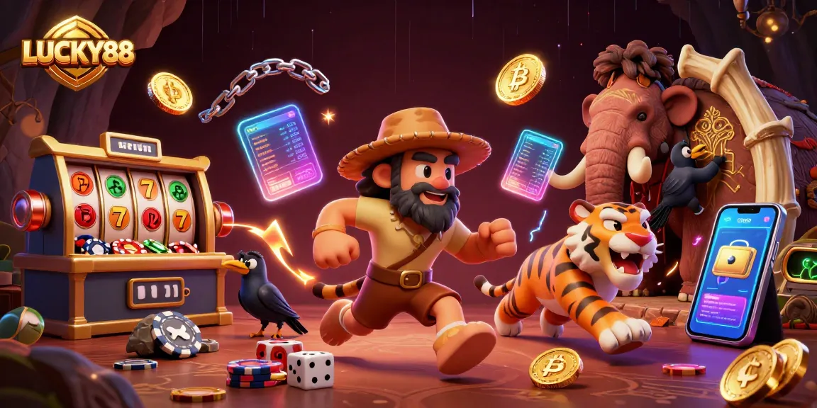 Experience high-energy gameplay at LUCKY88 with caveman-themed slot reels and dynamic casino atmosphere.
