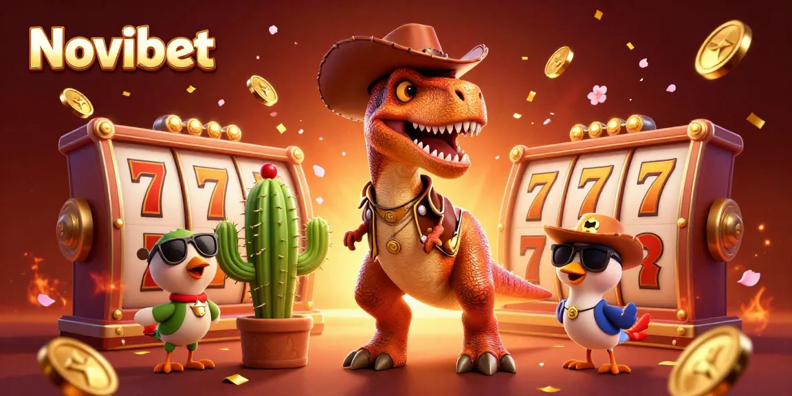 Experience the excitement of Novibet with a vibrant casino-themed 3D illustration featuring dynamic characters and gaming elements.
