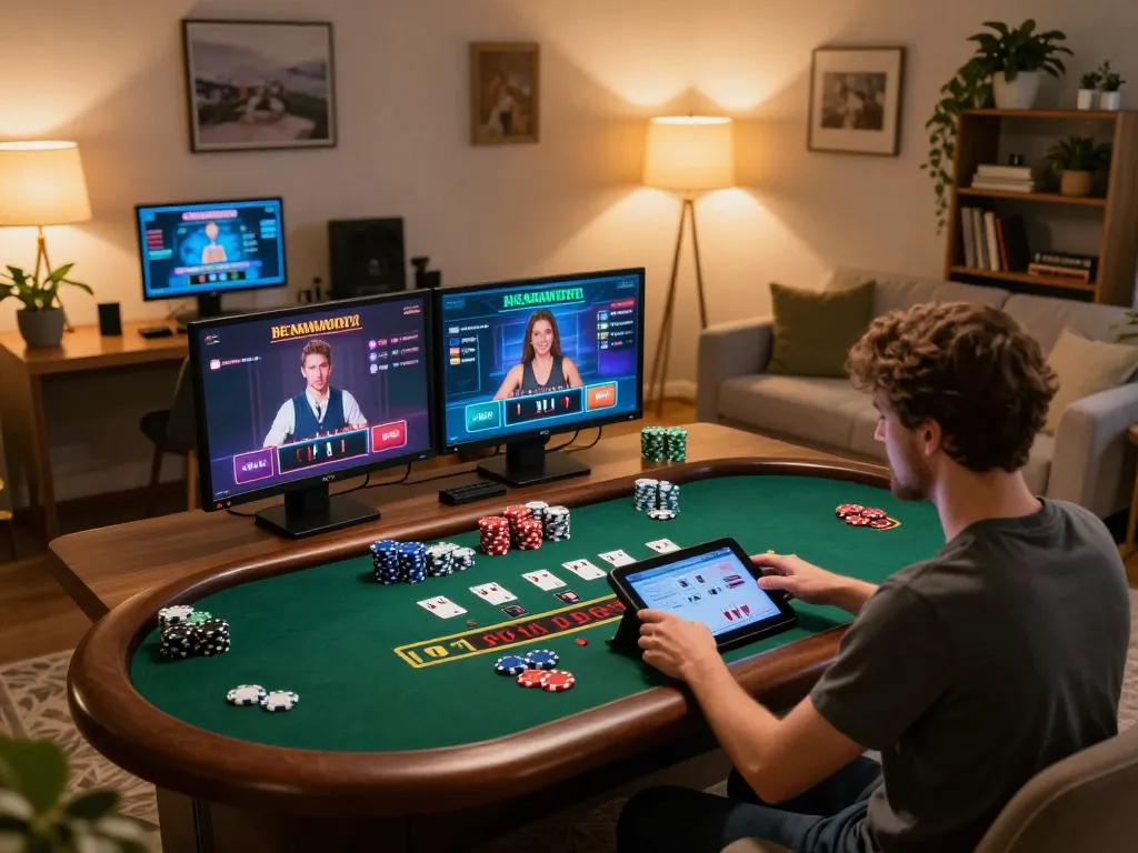 Enjoying online blackjack on TR88 link in a cozy home setup with ambient lighting and virtual excitement.