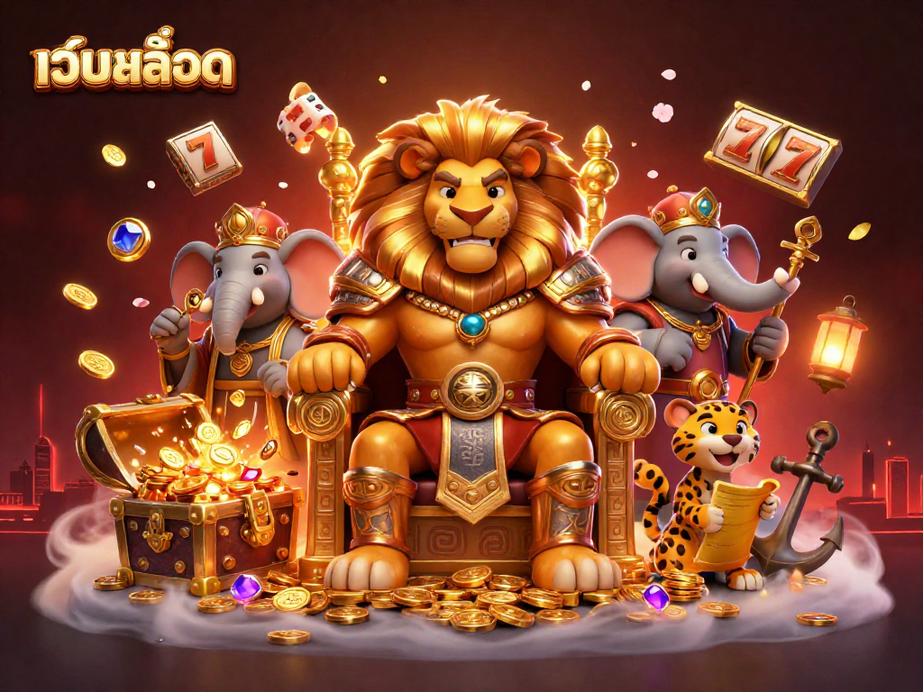 Engage with เว็บสล็อต through dynamic gambling art showcasing a royal lion king, wise elephant, and sleek cheetah amidst vibrant casino elements.