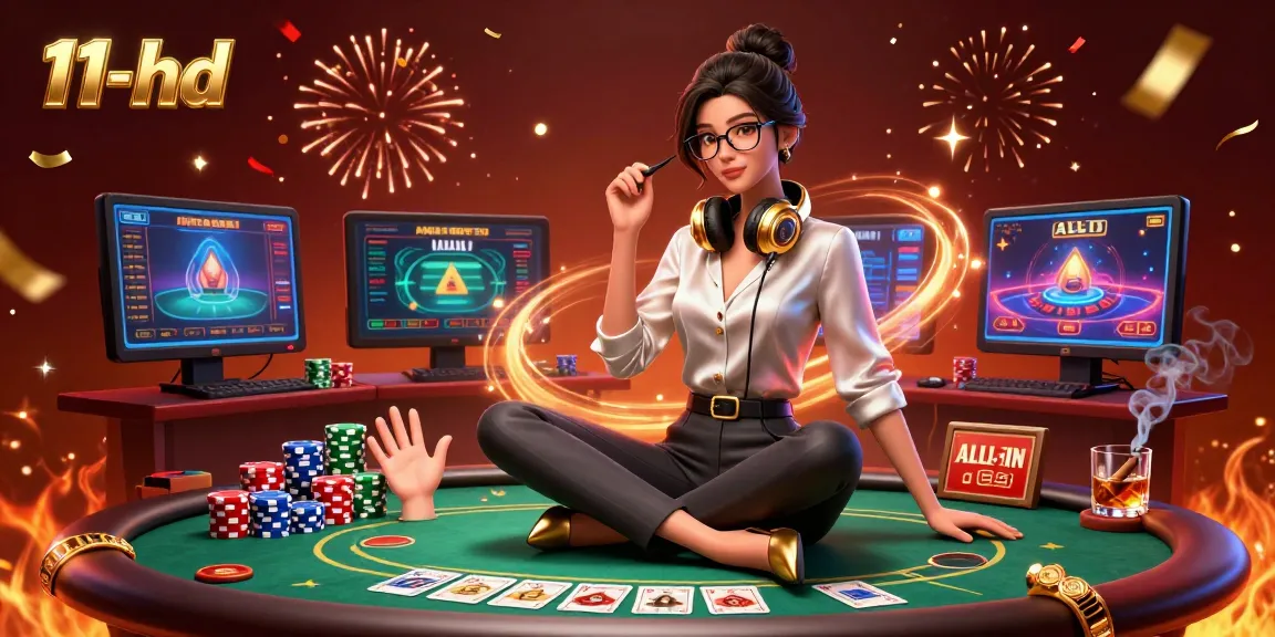 Engage with thrilling poker action at 11-hd featuring an elegant woman at a gaming setup.