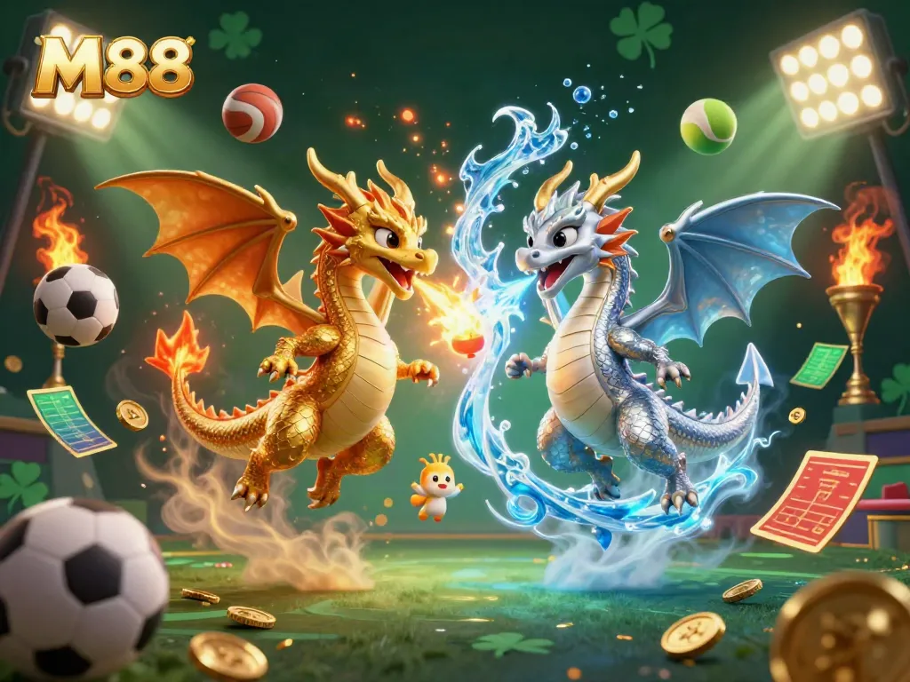Experience M88 gaming excitement with dragons and dynamic sports elements in a vibrant casino scene.