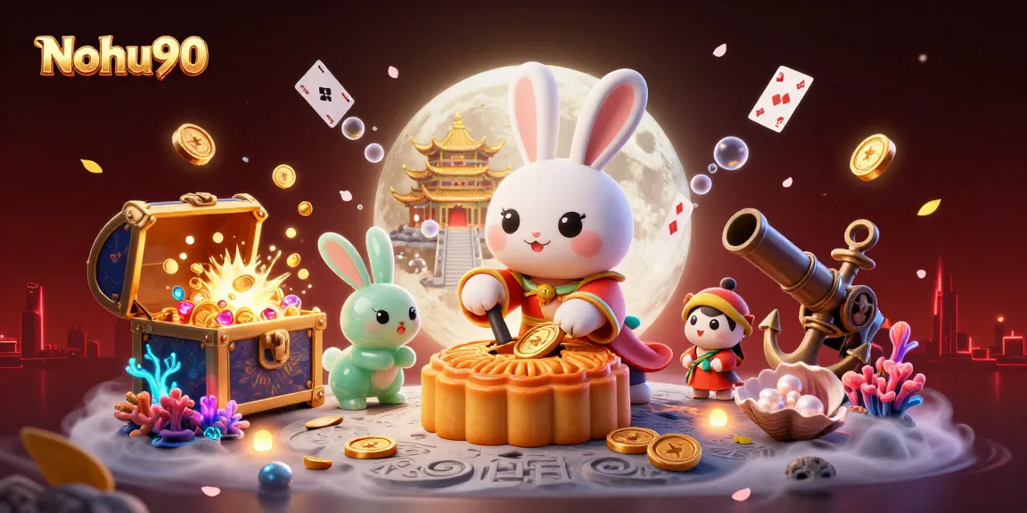 Nohu90 captivates players with a vibrant 3D scene showcasing festive elements and poker chips.