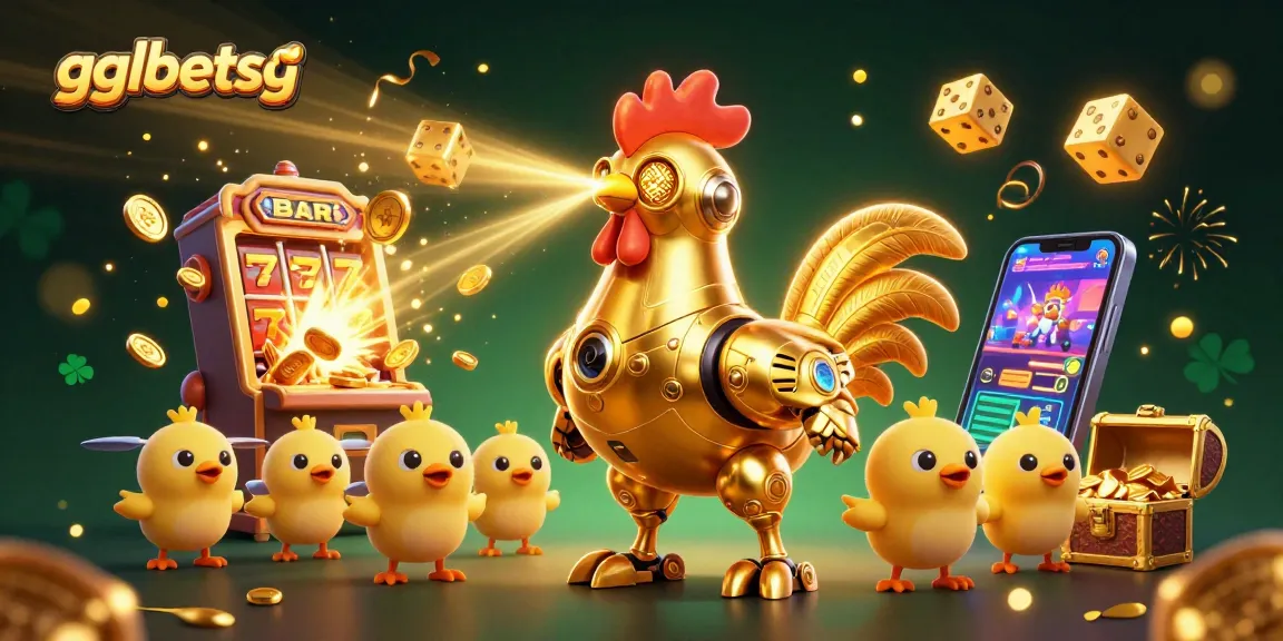 gglbetsg empowers esports betting excitement with a golden rooster robot and flying game elements.
