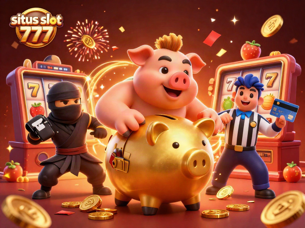 Experience situs slot 777 with a dynamic 3D scene featuring lucky symbols and vibrant characters