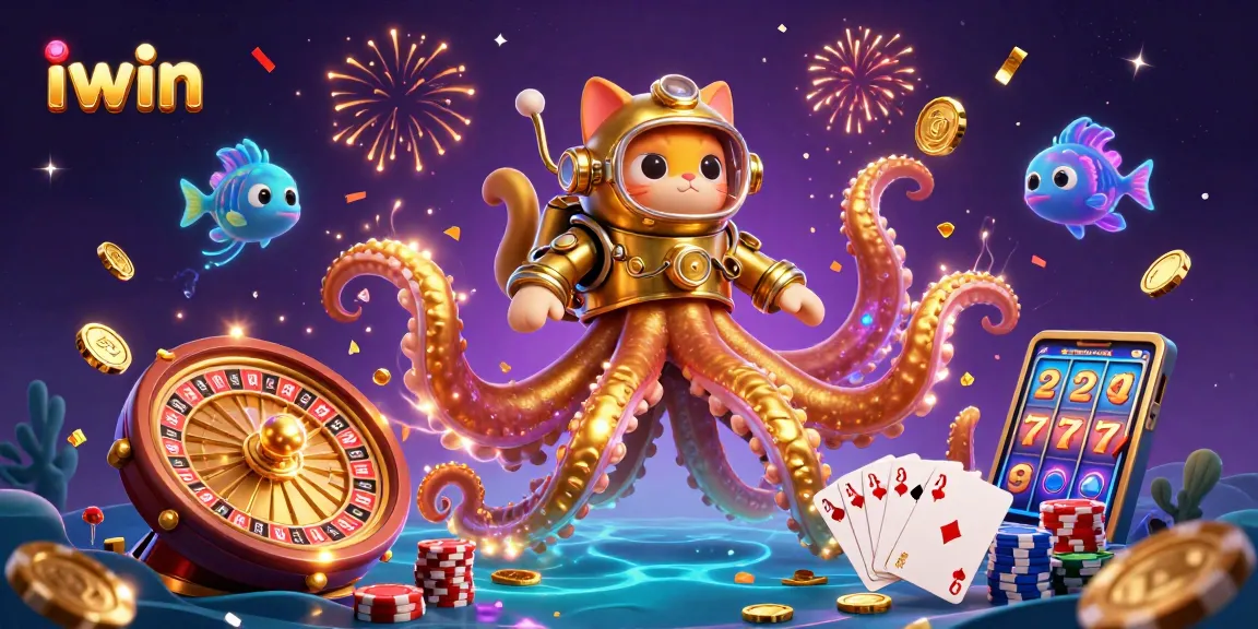 Join the fun at iwin with a colossal kraken, diving cat, and spinning roulette in an enchanting casino scene.
