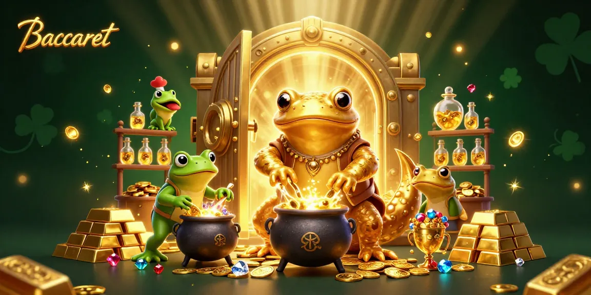 Experience Baccarat excitement with a golden alchemist and frog in a treasure-filled scene.