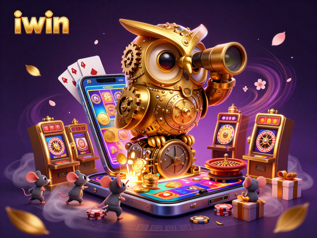 iwin brings excitement to the casino with a vibrant scene of cartoon characters and slot games.