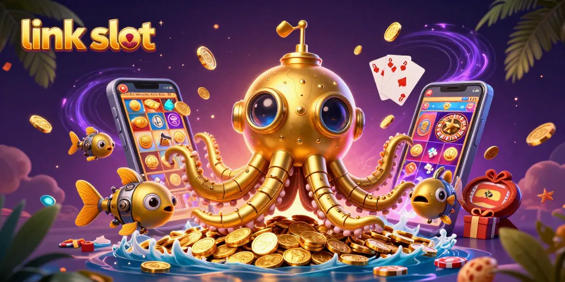 Menangkan link slot melalui ilustrasi kasino digital dengan kraken emas di atas lautan koin.