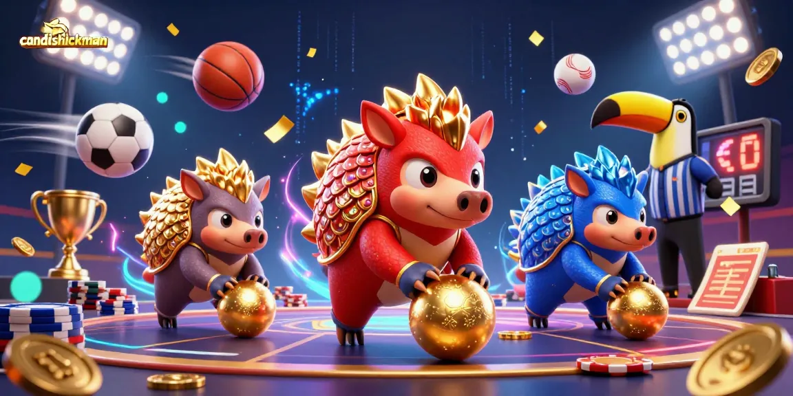 Experience the thrilling gameplay of candishickman as rival pangolins compete with sports elements, showcasing excitement.