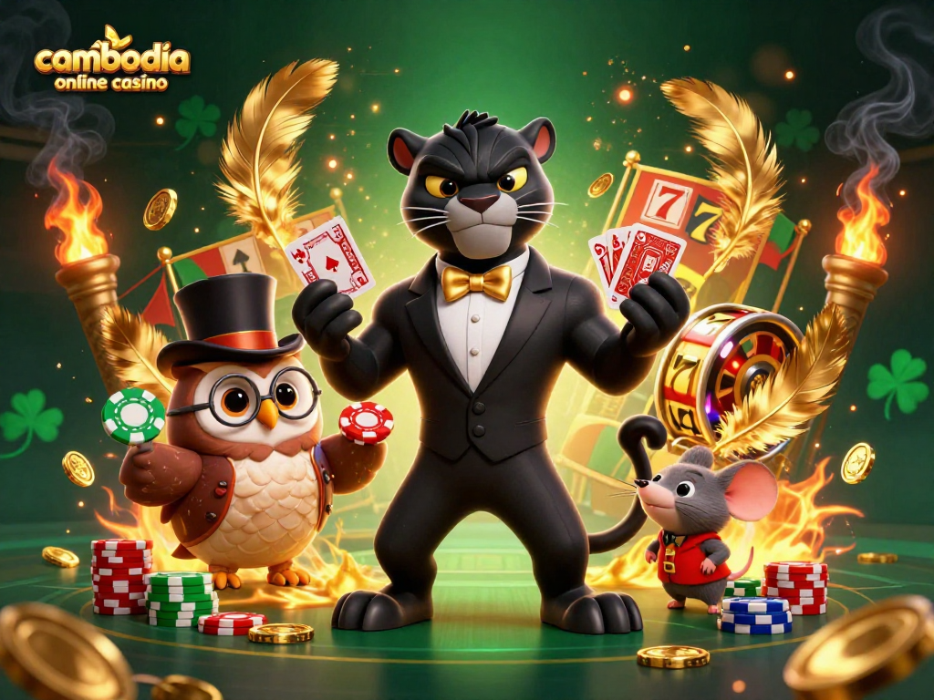 Cambodia online casino scene with a stylish panther dealing cards, an owl with poker chips, and a lucky mouse behind chips.