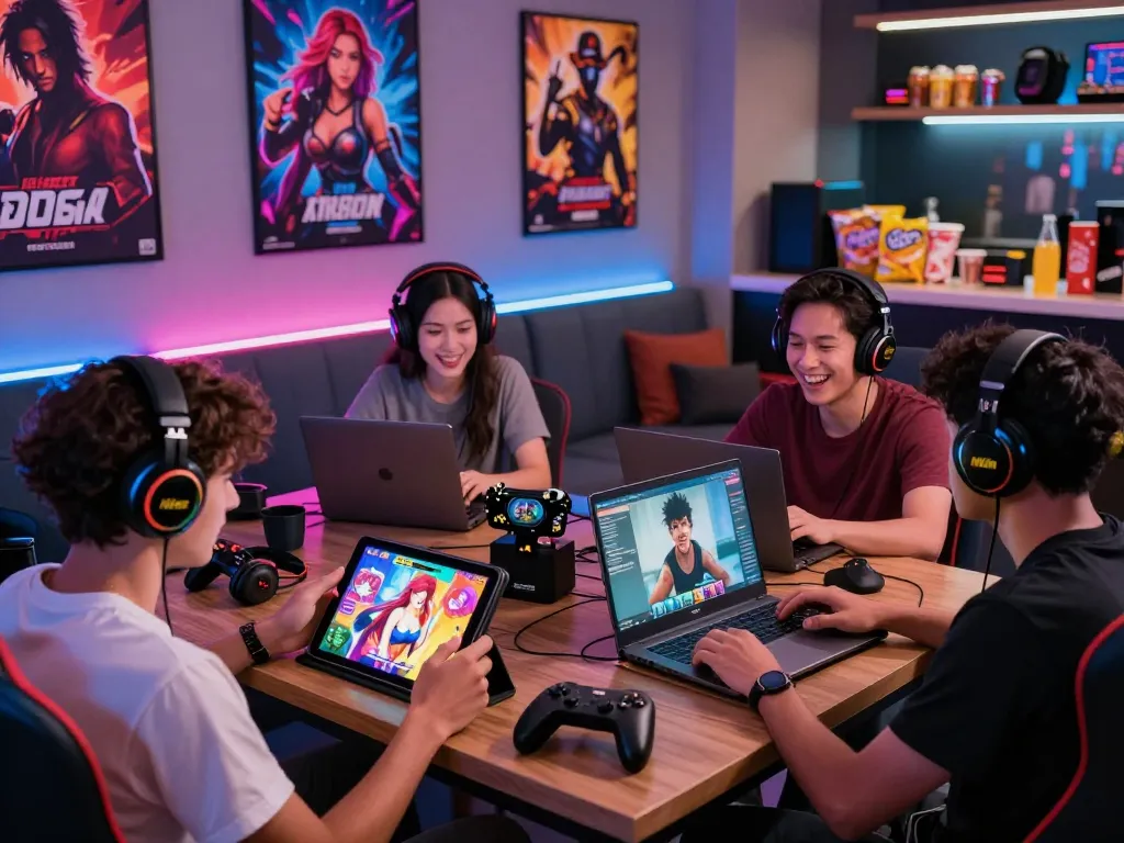 Players enjoying engaging sex games in a lively gaming lounge environment.