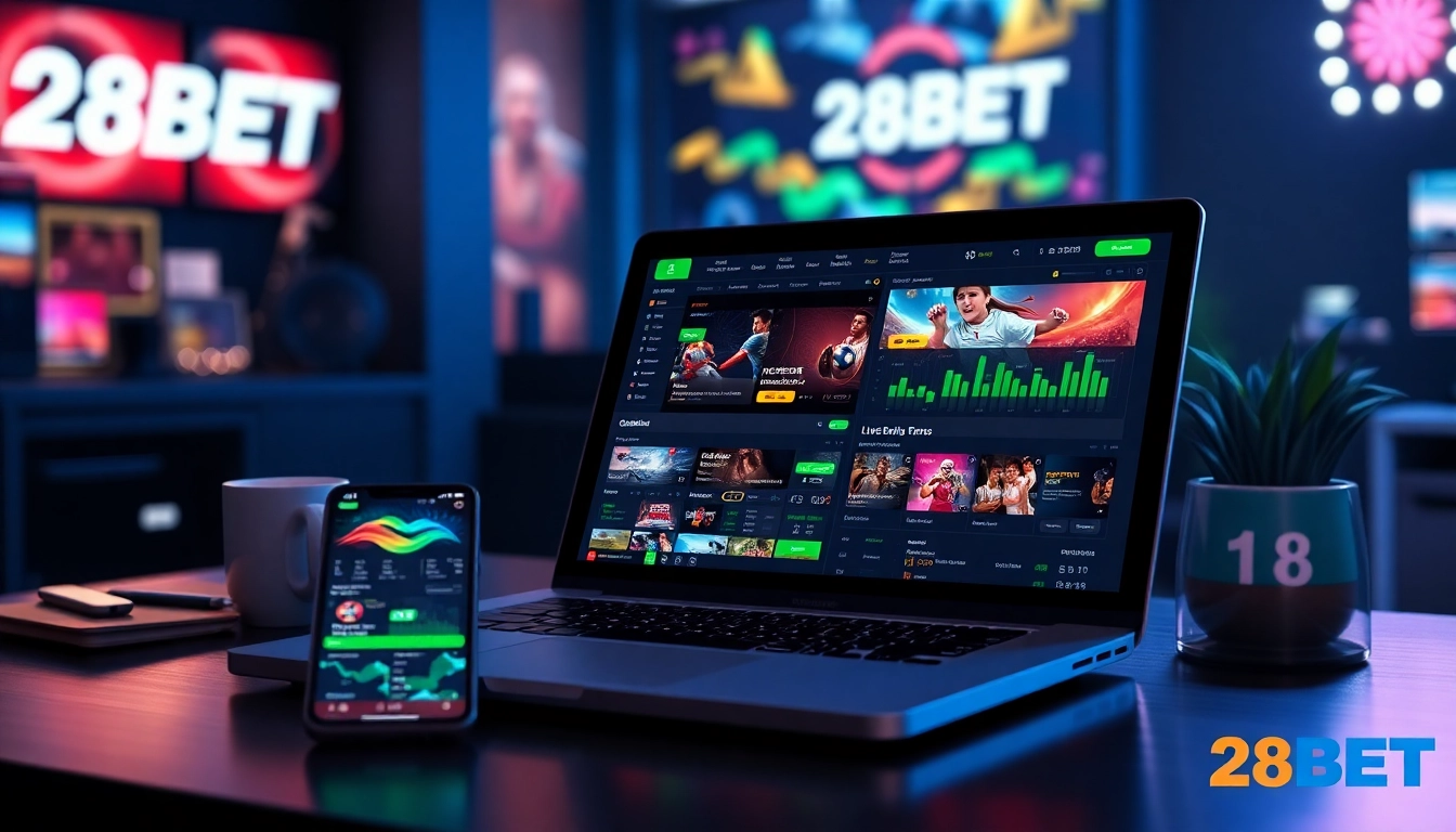 Interactive betting interface featuring 28BET, showcasing sports and casino options with vibrant visuals.