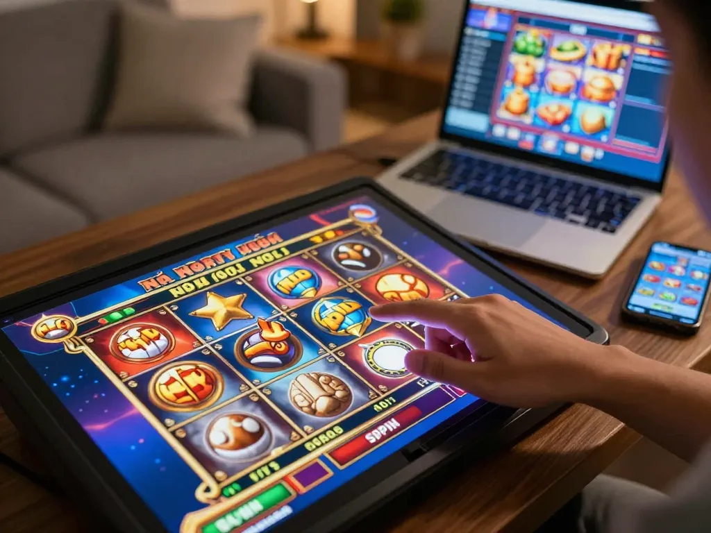 Nổ hũ players enjoying an online gaming experience with vibrant slot graphics and close-up spin button action.
