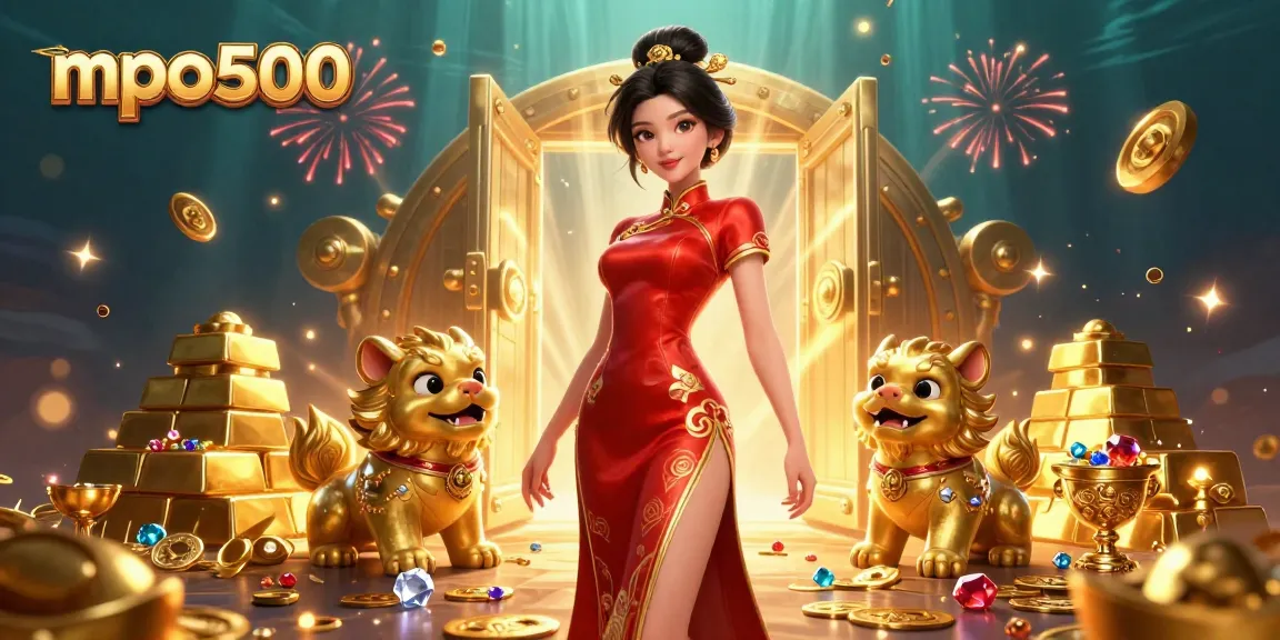 Win big with mpo500 in a vibrant casino scene featuring an elegant lady and golden treasures.