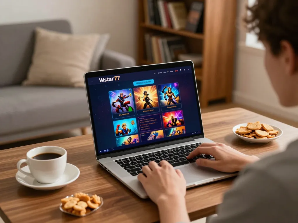 wstar77 online gaming setup with engaging gameplay on laptop and cozy atmosphere